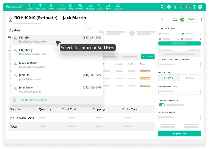 Customer and vehicle details added to a work order in AutoLeap