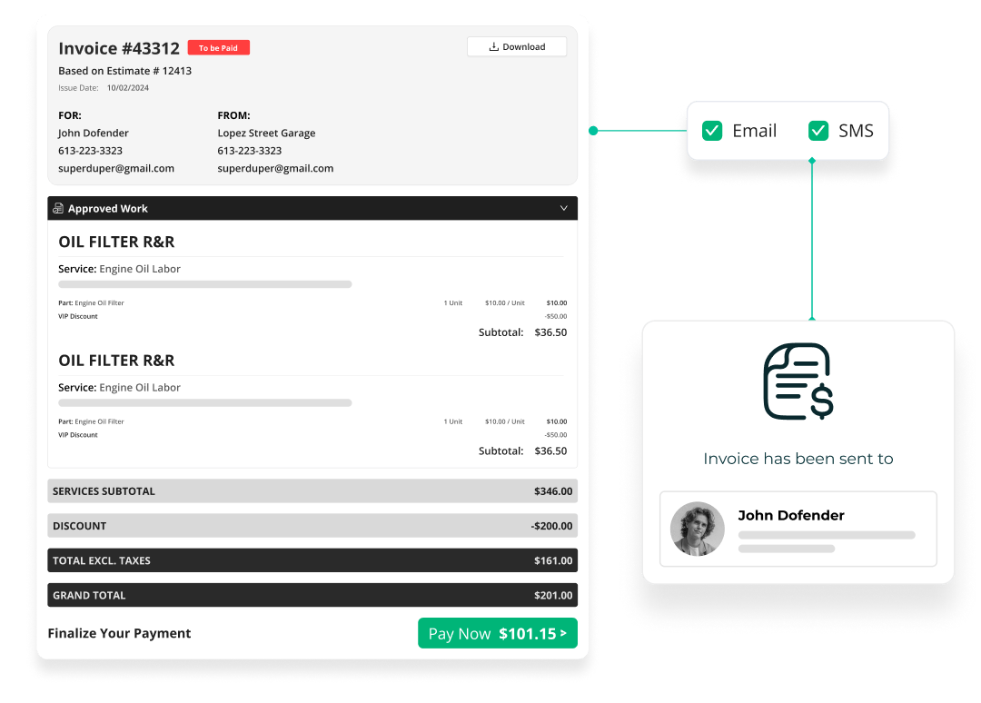 AutoLeap invoice step 3 — sending invoice to customer via email or SMS