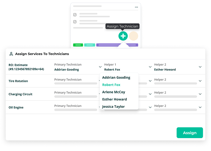 A job assigned to a primary technician and helpers on AutoLeap's work board