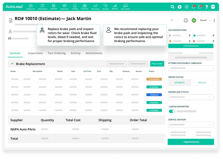 Shop notes and customer recommendations on an AutoLeap work order