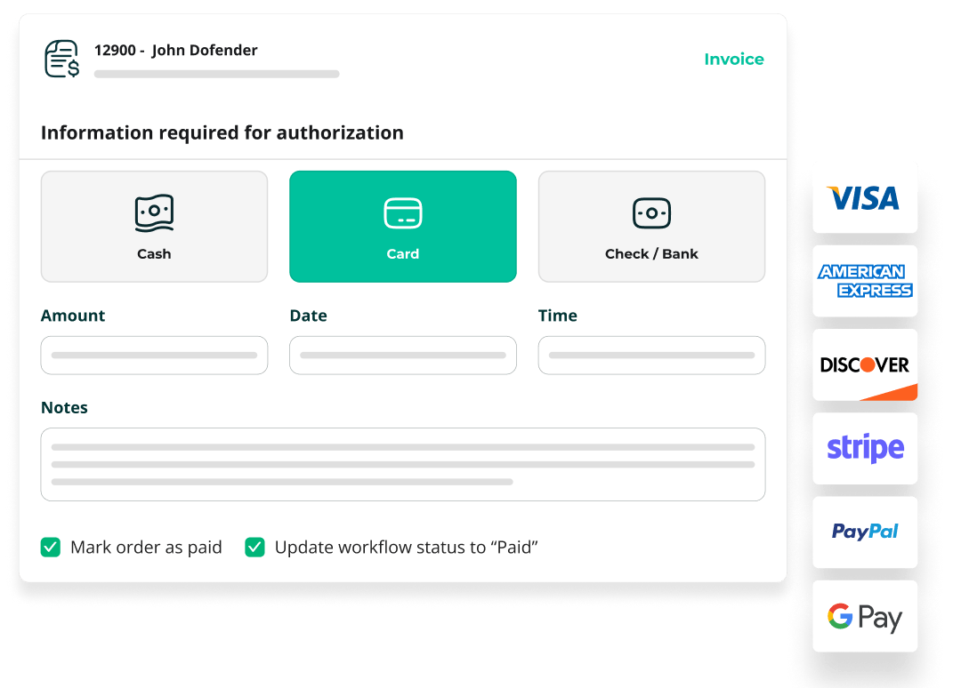 AutoLeap invoice step 4 — collecting payment via cash, card or bank