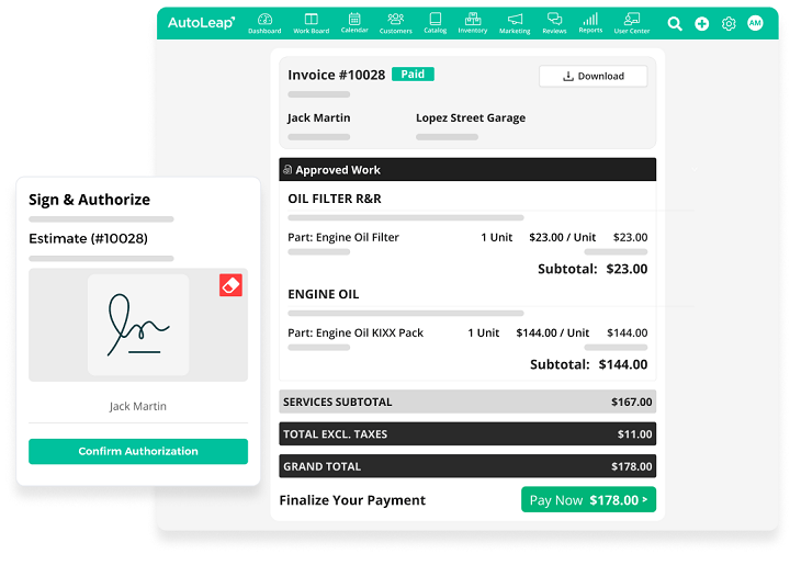 A customer completing a secure payment with e-signature confirmation in AutoLeap