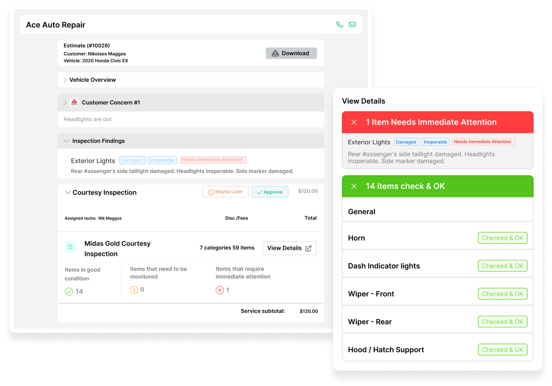 Recommended services built from inspection results in AutoLeap