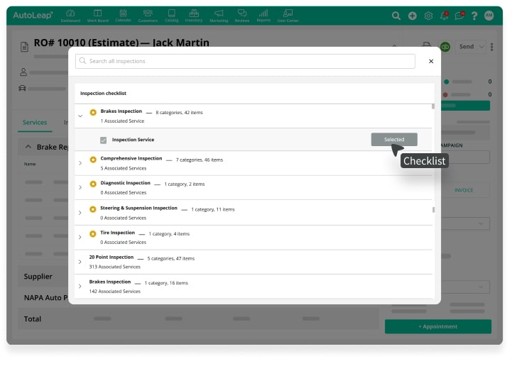 AutoLeap work order with services and an inspection checklist added
