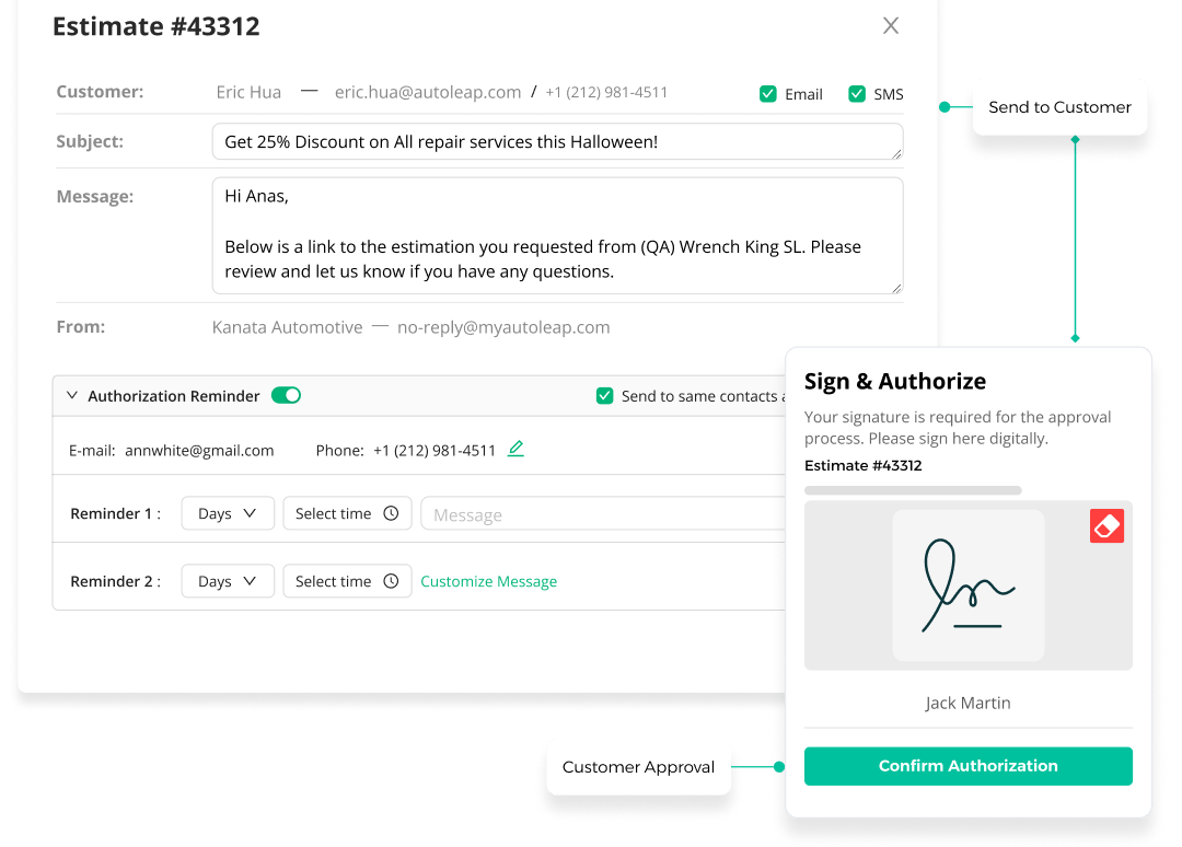 AutoLeap estimate step 4 — sending estimate to customer via text or email for digital approval