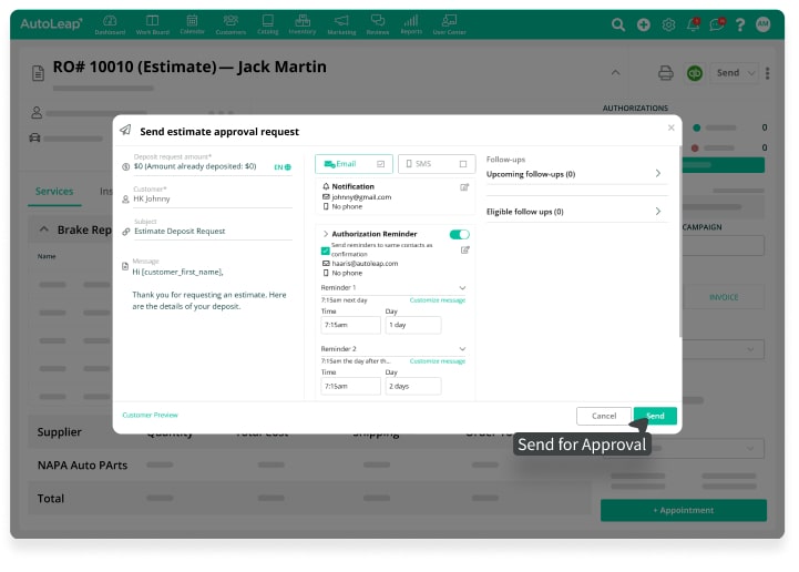 Sending the completed work order estimate to the customer for approval in AutoLeap