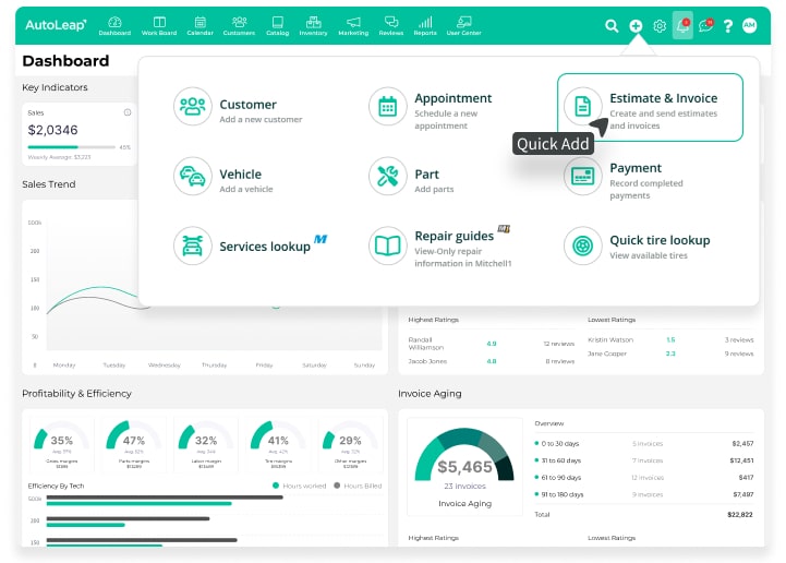 Starting a new work order from AutoLeap's Quick Add menu