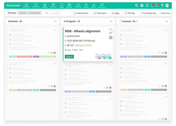 A single work board window showing every estimate and repair order in AutoLeap