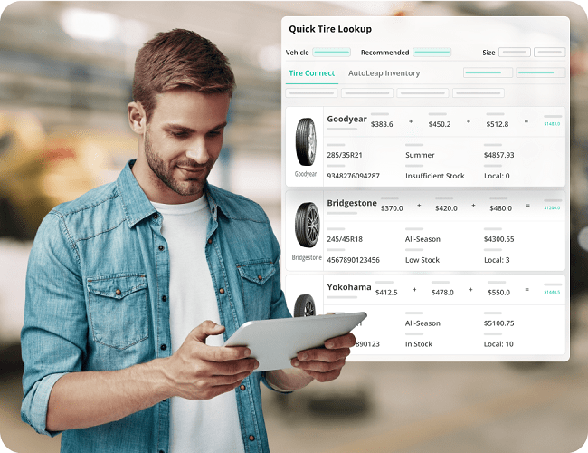 AutoLeap tire inventory dashboard with search and order capability for managing tire stock