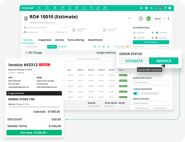 AutoLeap tire shop invoicing screen with quote sent via SMS for instant digital approval