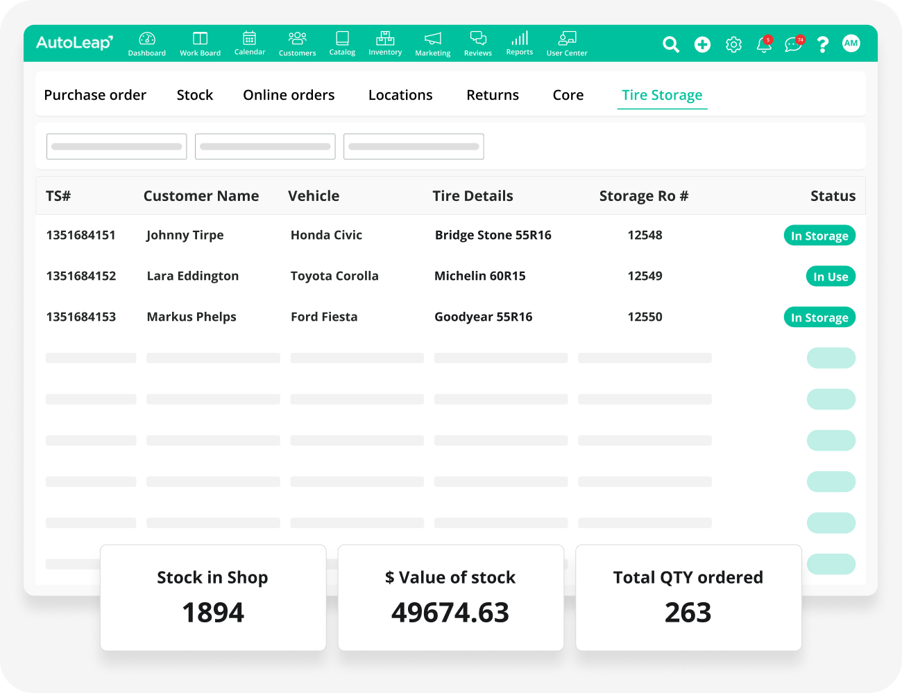 AutoLeap inventory view showing stock on hand, stock value, and quantity