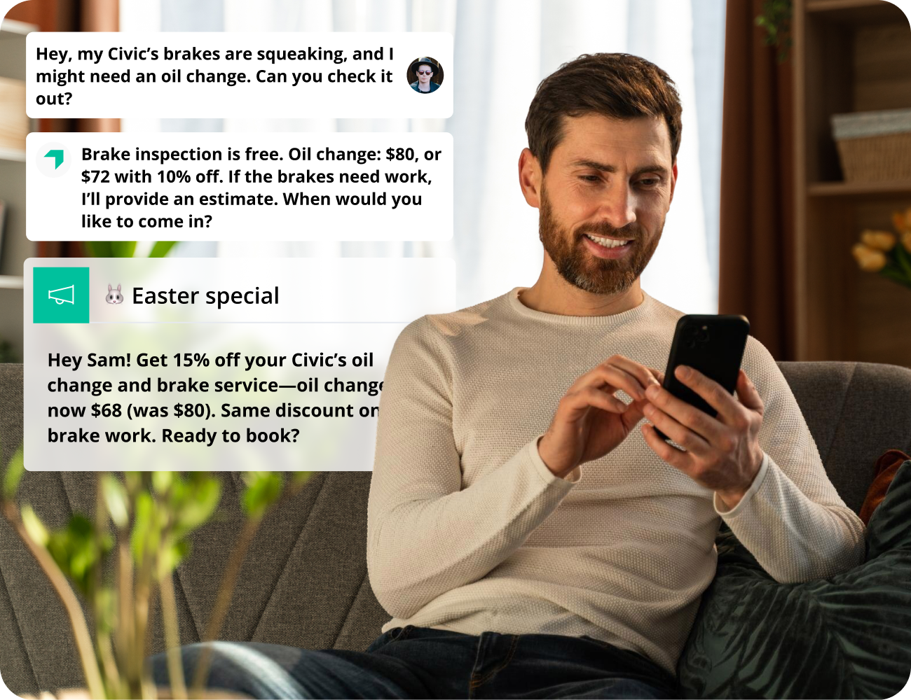 AutoLeap's built-in chat sharing real-time updates with a customer