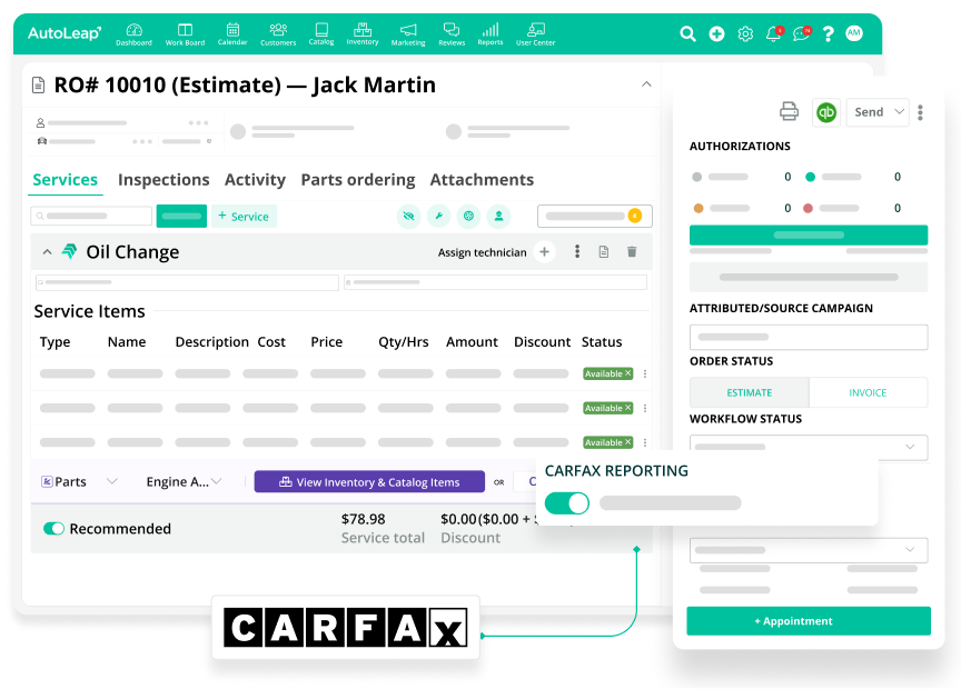 AutoLeap estimate step 1 — creating an estimate and linking a vehicle through Carfax
