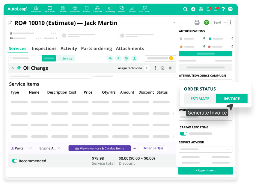 AutoLeap invoice step 1 — creating a repair invoice from a work order