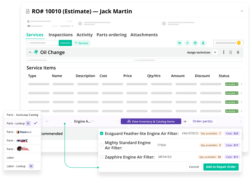 AutoLeap estimate step 3 — looking up parts and labor rates with MOTOR