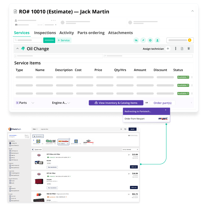 Estimate with PartsTech parts ordering showing live pricing and availability