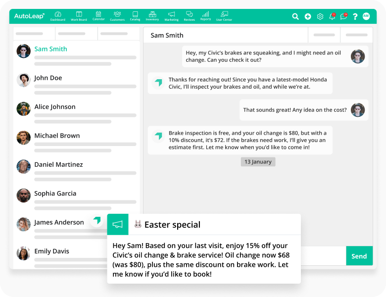 AutoLeap on-site estimate built with live parts pricing and labor guides