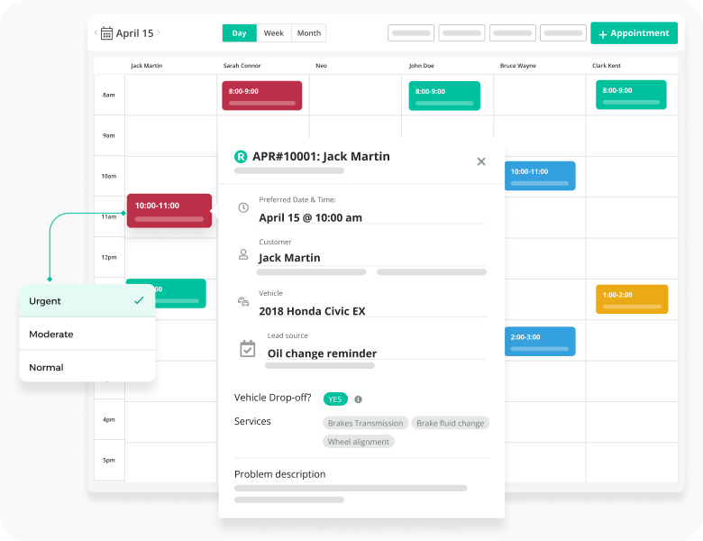 AutoLeap scheduling view showing a mobile mechanic's full day of jobs, locations, and time slots