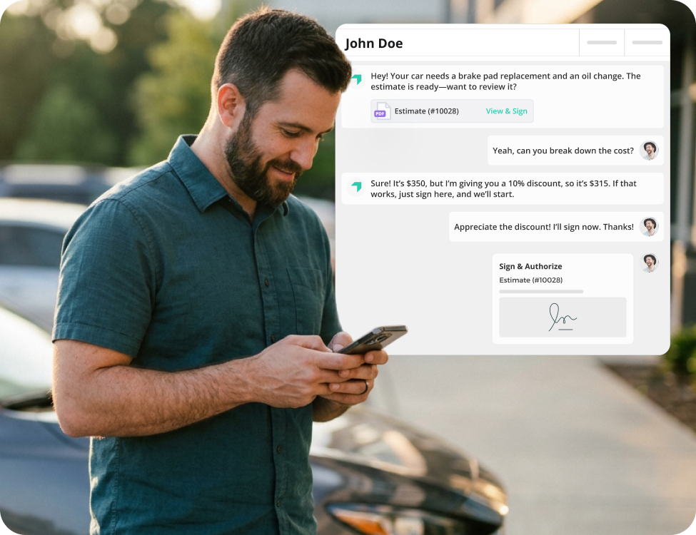 AutoLeap two-way SMS thread showing tire shop customer approving an estimate in real time