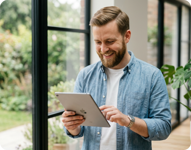 Auto repair shop owner holding an iPad and using AutoLeap for customer retention management
