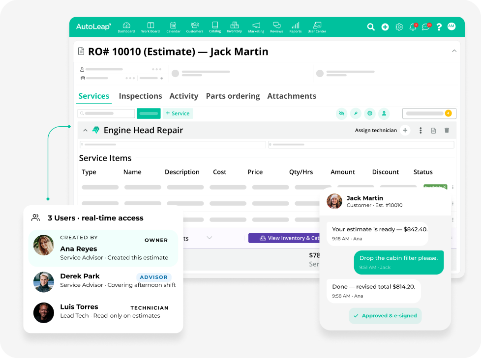 Estimate history in AutoLeap tracking who created and edited it, with a timestamped customer approval trail