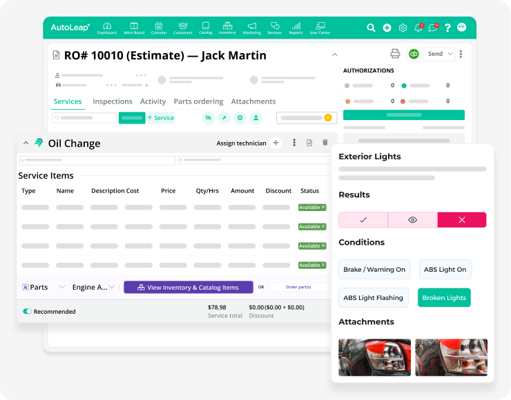 Digital job card in AutoLeap showing services, notes, parts and approvals in one garage workflow