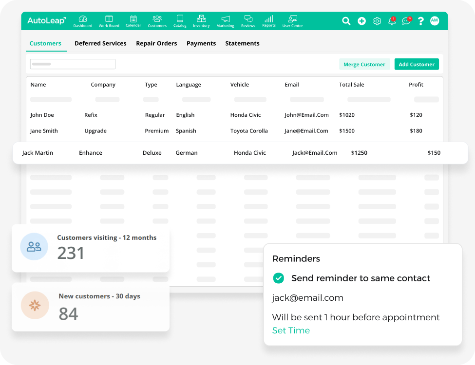AutoLeap CRM with customer history and automated reminders