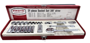 Socket and ratchet set showing ASME certification mark Proto