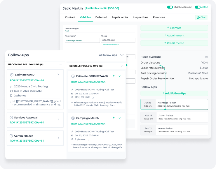 Automated follow-ups panel in AutoLeap listing upcoming and eligible service reminders