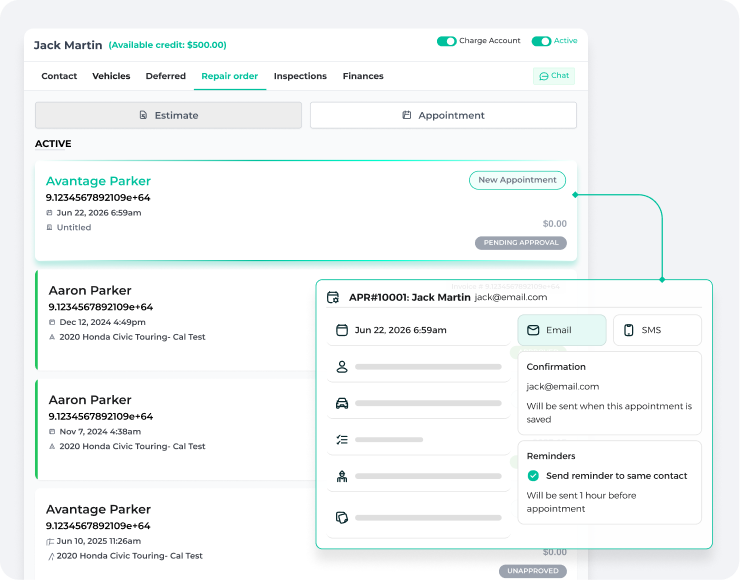 Appointment confirmation in AutoLeap with email and SMS reminder options
