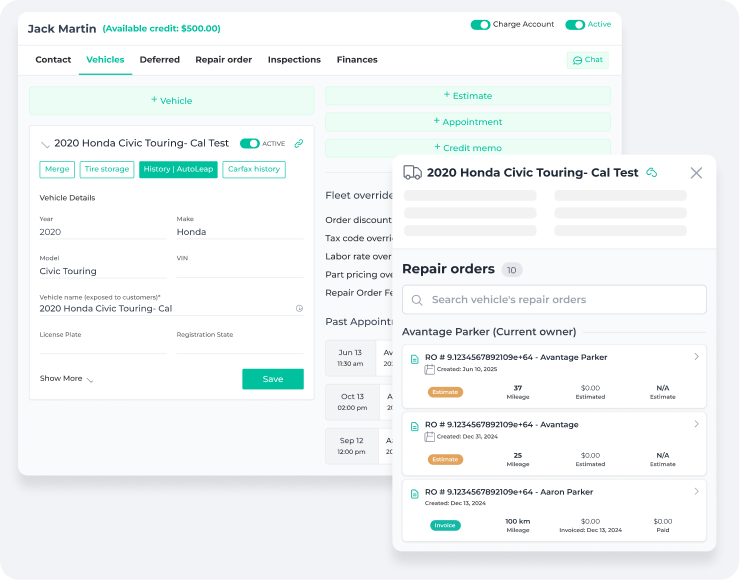 Customer record in AutoLeap showing a vehicle's details and full repair order history