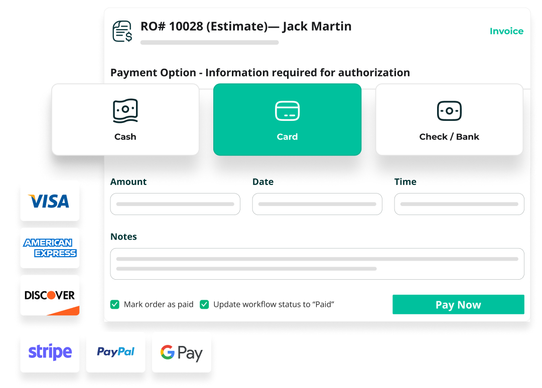 POS step 2 — processing a customer payment by cash, card, or check with multiple secure options