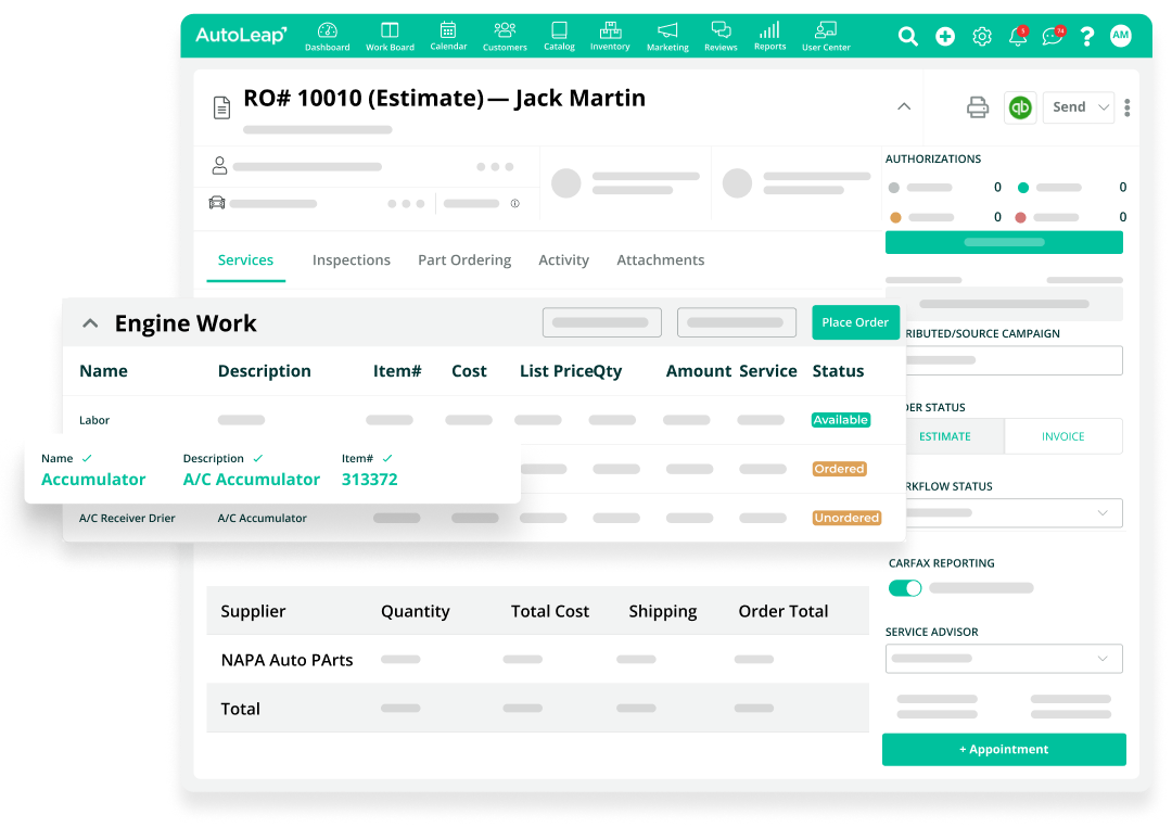 POS step 3 — tracking service items, parts orders, and status on a repair order in real time