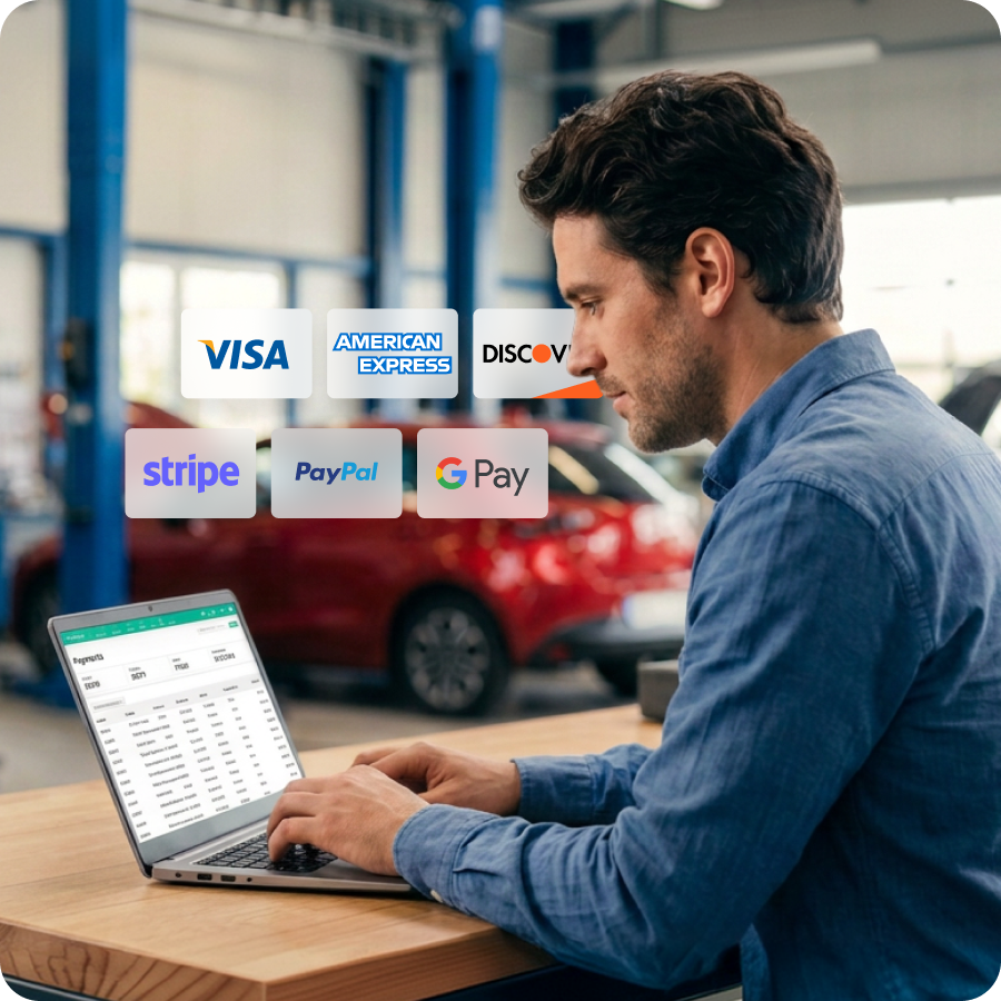 Shop owner accepting a card payment in AutoLeap with multiple payment methods available