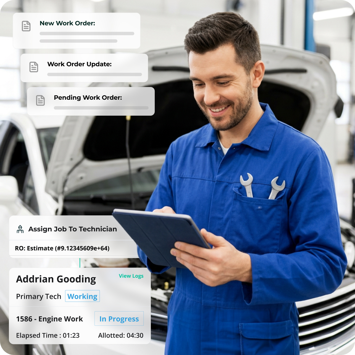 Technician reviewing new, updated, and pending work orders in AutoLeap