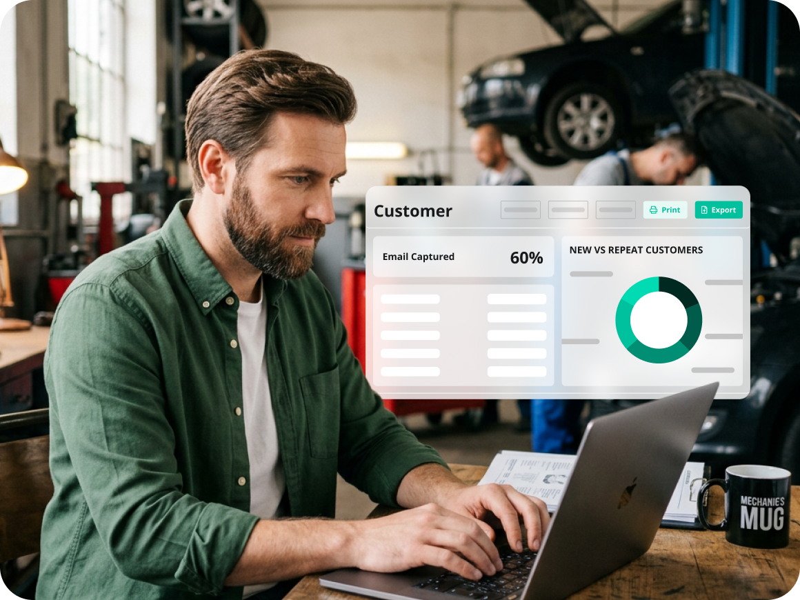 Shop owner reviewing customer analytics in AutoLeap, including email capture and repeat customers