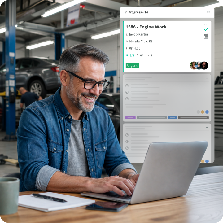 Shop owner tracking an engine job's progress on AutoLeap's work board